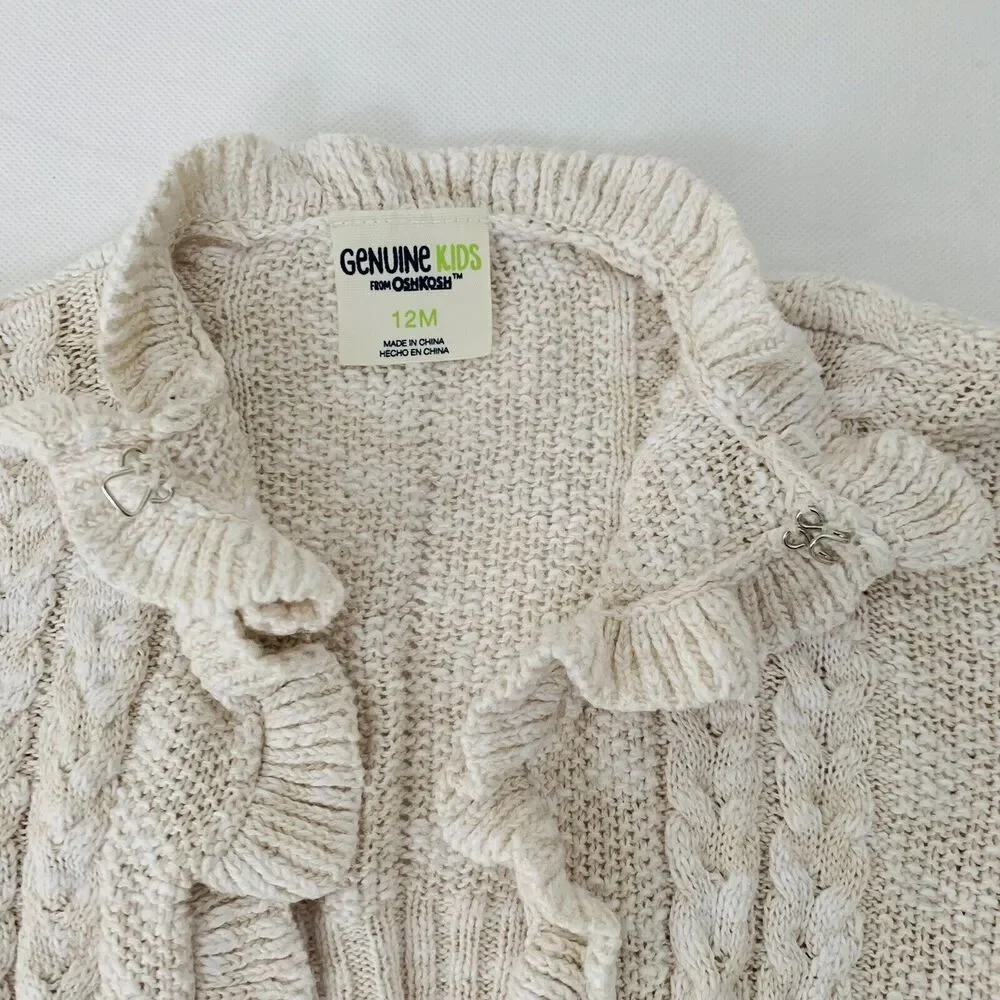 OshKosh Cardigan Sweater Baby Girl 12 Month Ruffle Ivory Beige‎ Crochet Knit